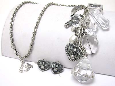 Rock crystal look ice beads and metal heart charm dangle long necklace