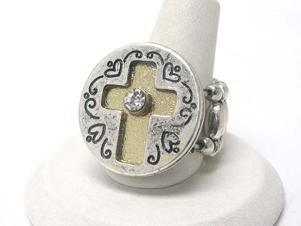 Crystal stud two tone metal cross round stretch ring