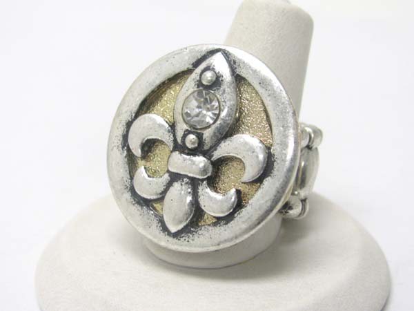 Crystal stud two tone metal fleur de lis round stretch ring