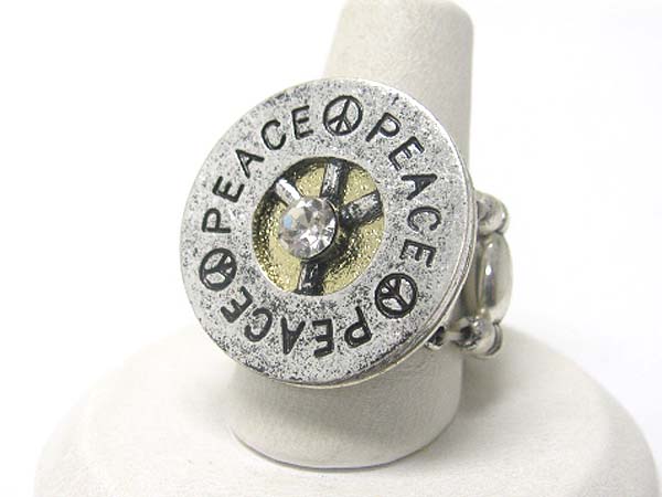 Crystal stud two tone metal peace round stretch ring