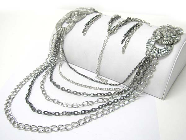 Multi layer metal chain and mesh hoop link long necklace earring set - hoops