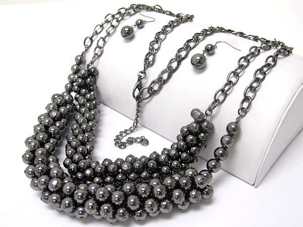 Multi metal ball cluster chain long necklace earring set