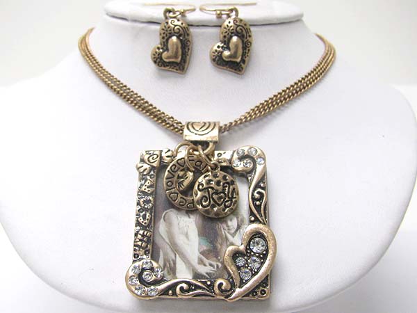 Crystal and burnish metal deco photo frame pendant necklace earring set