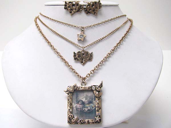 Triple layer crystal and burnish metal deco photo frame pendant necklace earring set