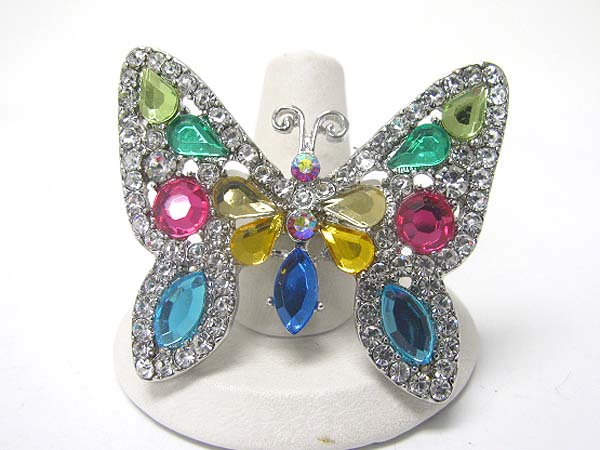 Crystal deco large butterfly stretch band ring