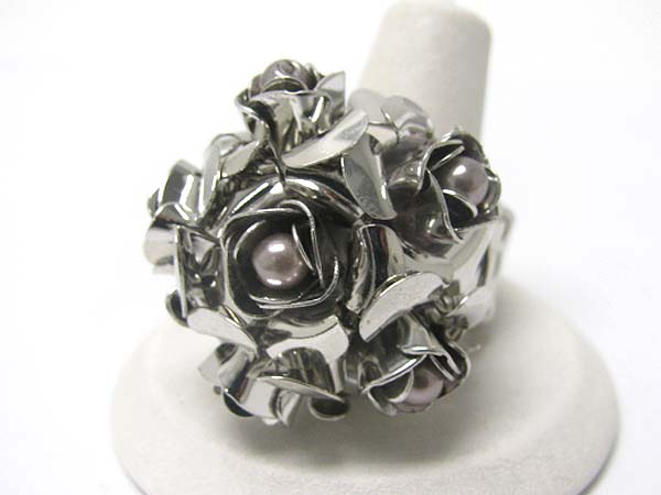 Pearl beads deco metal flower stretch band ring