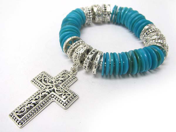 Cross charm multi metal and acryl disk link stretch bracelet