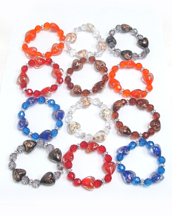 Assort color murano glass style heart stretch bracelet - 12 pc dozen pack mens jewelry