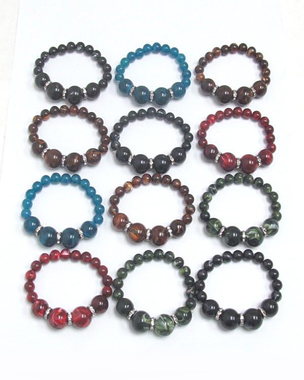 Assort color marble paint bead stretch bracelet - 12 pc dozen pack mens jewelry