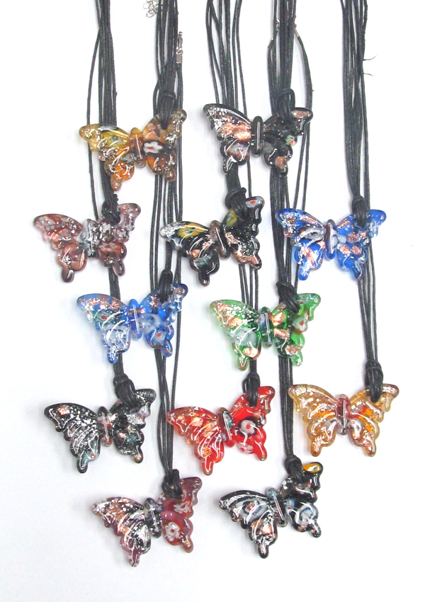 Assort color murano glass style butterfly pendant necklace - 12 pc dozen pack mens jewelry