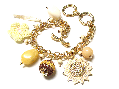 Sunflower and beads ball and multi natural stone  charms toggle bracelet