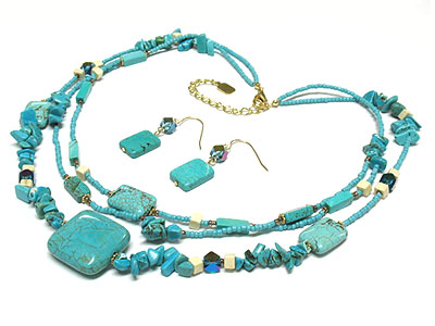 Multi strand turquoise beads necklace and earring set