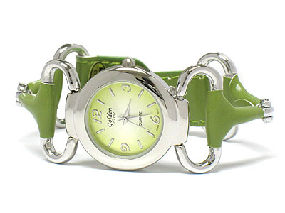 Horse bit shape leather and metal band watch