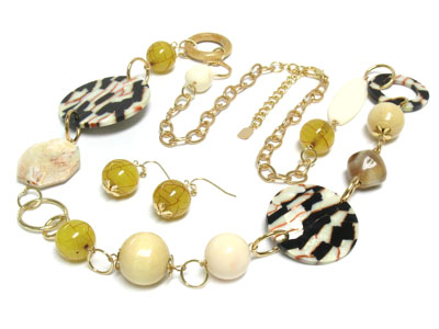 Mosaic dandy synthetic shell disk and glass ball beads long necklace and earring set