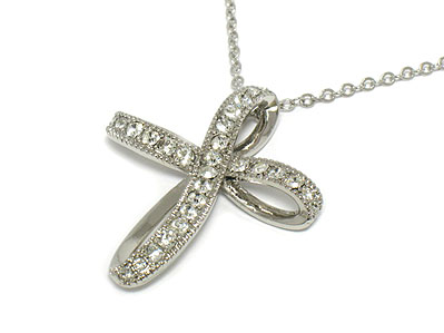 Made in korea whitegold plating crystal ribbon cross necklace