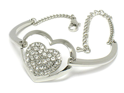 Crystal heart half bangle and chain bracelet