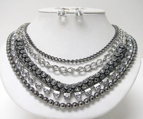 Crystal line and multi row mixed metal chain necklace earring set