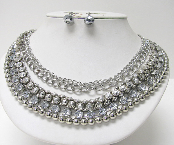 Crystal line and multi row mixed metal chain necklace earring set