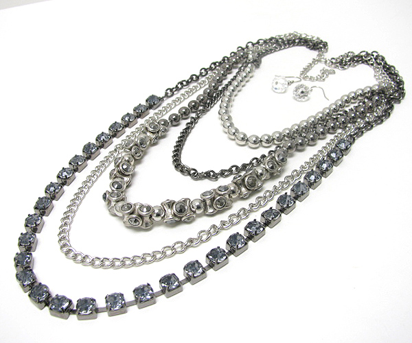 Crystal line and multi row mixed metal chain necklace earring set