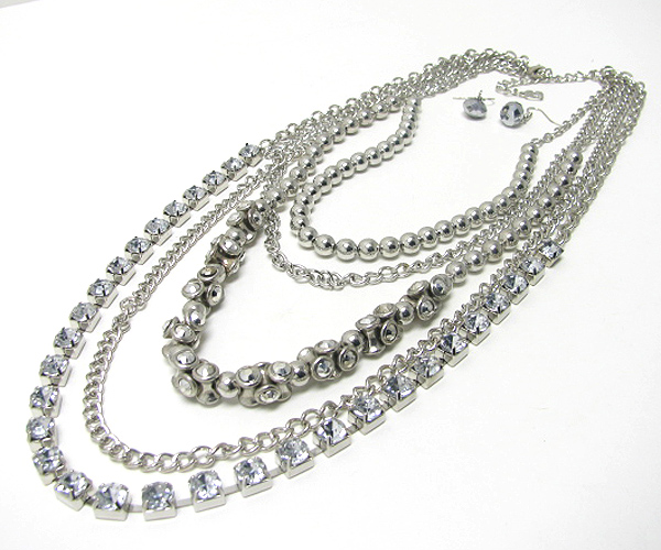 Crystal line and multi row mixed metal chain necklace earring set