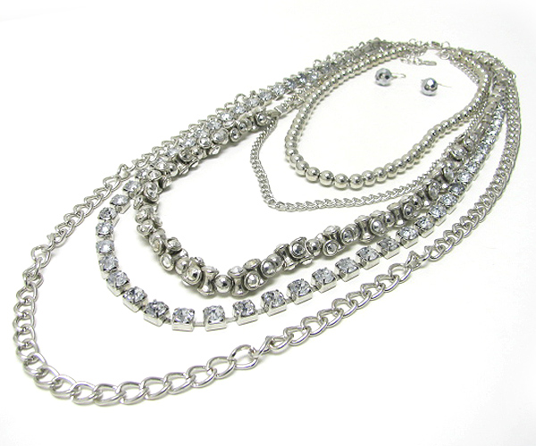 Crystal line and multi row mixed metal long chain necklace earring set