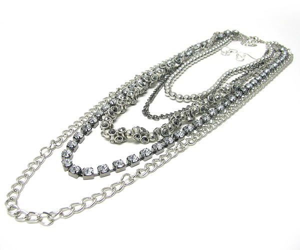 Crystal line and multi row mixed metal long chain necklace earring set