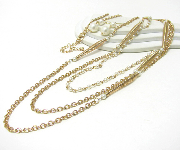 Pearl and metal chain long chain necklace earring set