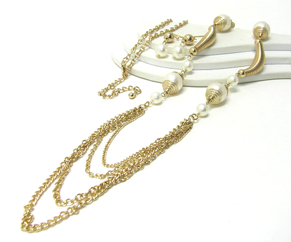 Pearl and metal chain long chain necklace earring set