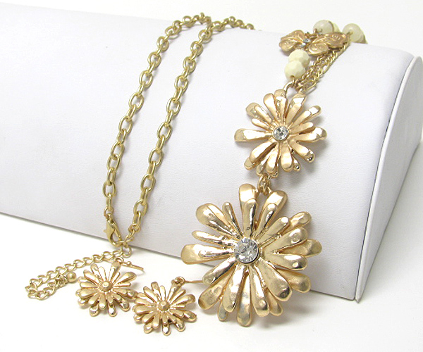 Crystal stud metal flower dangle line drop necklace earrign set