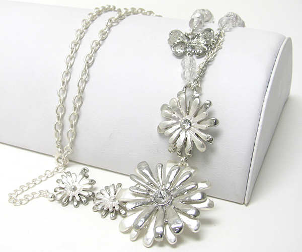 Crystal stud metal flower dangle line drop necklace earrign set