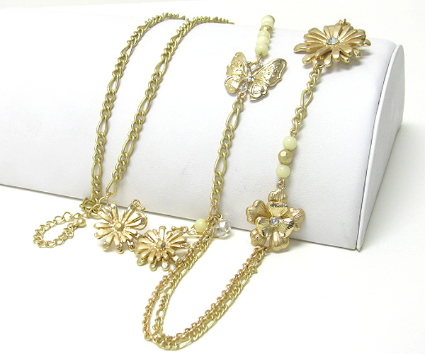 Crystal stud metal flower link necklace earrign set