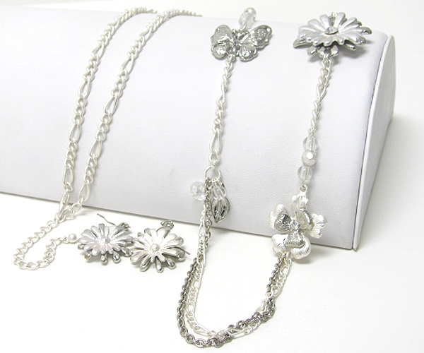 Crystal stud metal flower link necklace earrign set