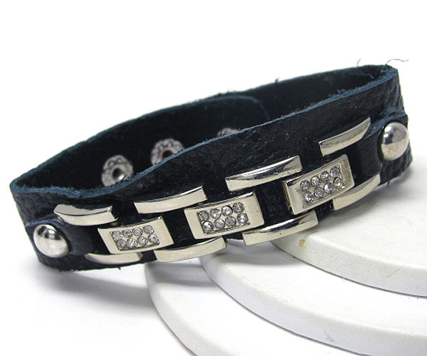 Crystal stud chain deco leatherette button bracelet