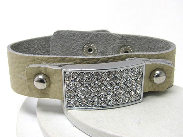 Crystal stud plate leatherette button bracelet