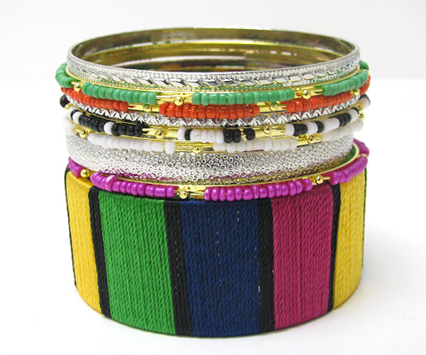 Multi row wood and fabric wrapped bangle set