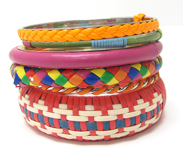 Multi row wood and fabric wrapped bangle set