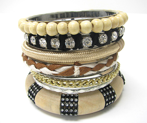 Crystal beads and wood bangle set