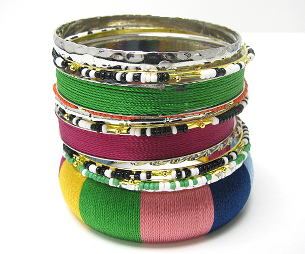 Multi row wood and fabric wrapped bangle set