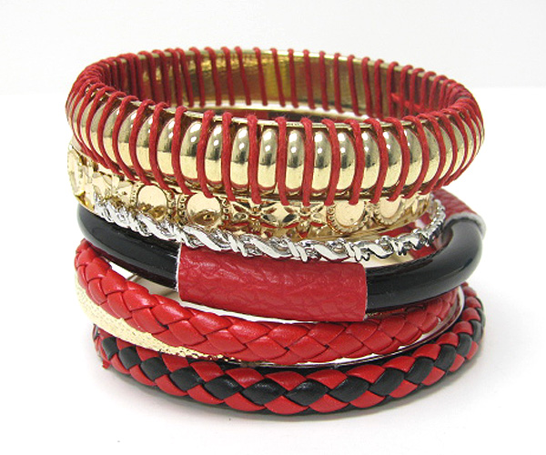 Multi row wood and fabric wrapped bangle set