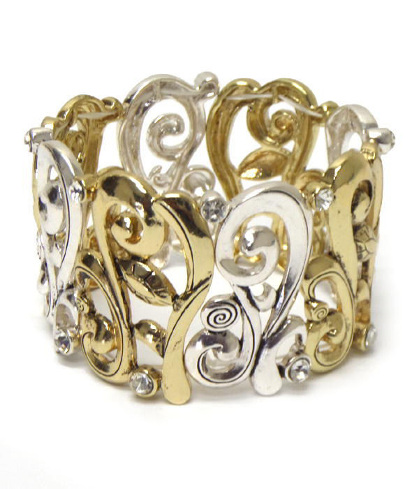 Crystal stud metal filigree designer pattern stretch bracelet
