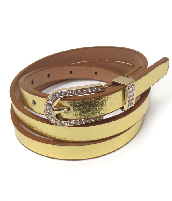Crystal buckle leatherette skinny belt