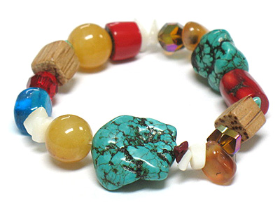 Turquoise wood and glass ball stretch bracelet