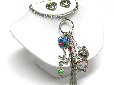 Multi love theme heart cg=harm and tassel y drop necklace and earring set