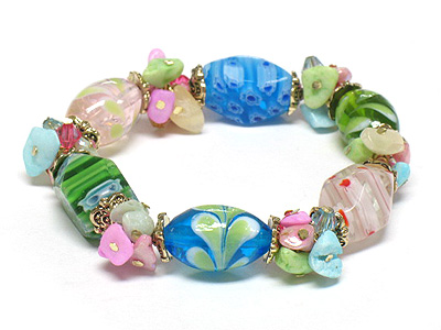 Multi flower fossil cancy beads stretch bracelet