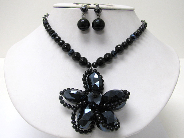 Facet metallic and pearl beads deco chunky flower medallion necklace earring set