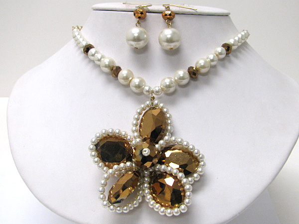 Facet metallic and pearl beads deco chunky flower medallion necklace earring set