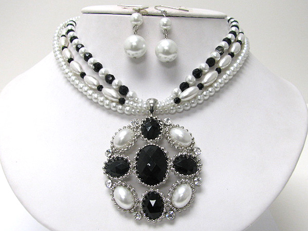 Facet glass stone and pearl beads deco chunky round medallion and multi strand necklace earring set