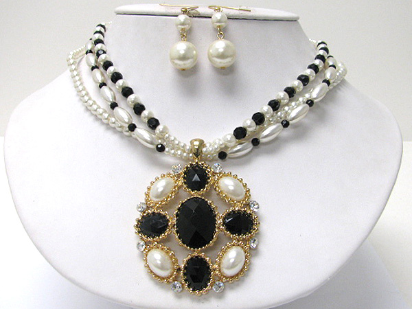 Facet glass stone and pearl beads deco chunky round medallion and multi strand necklace earring set