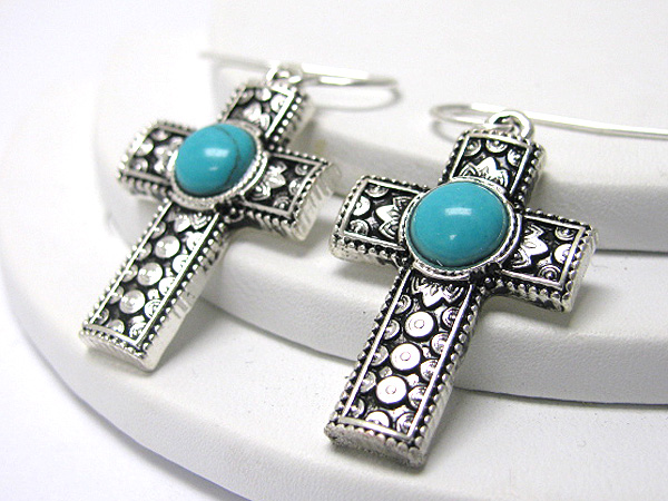 Turquoise stone deco casting metal cross earring