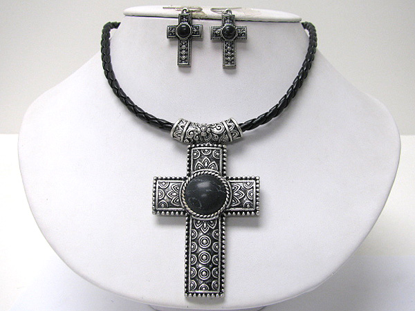 Natural stone deco textured metal cross pendant necklace earring set